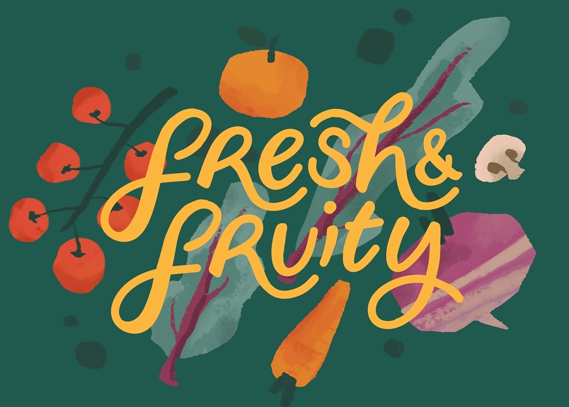 fresh and fruity logo cover with fruit and vegetable illustrations
